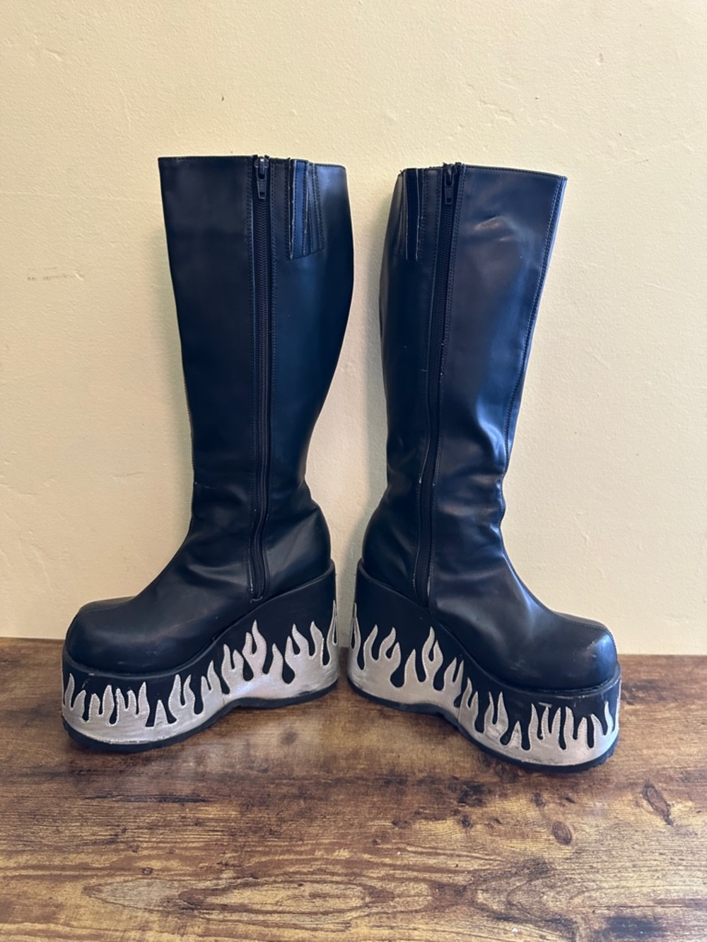RARE Vintage 2000s Demonia Platform Boots Silver Low Flame knee high black edc